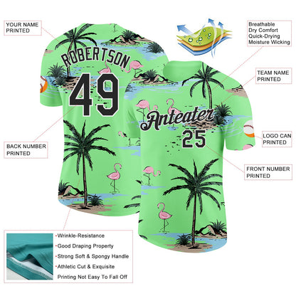 Custom Pea Green Black-White Tropical Hawaii Palm Trees Summer Beach Flamingo Performance T-Shirt