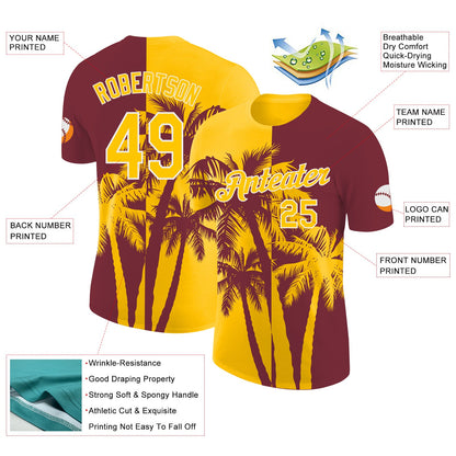 Custom Burgundy Yellow-White Hawaii Tropical Coastal Palm Trees Performance T-Shirt