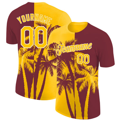 Custom Burgundy Yellow-White Hawaii Tropical Coastal Palm Trees Performance T-Shirt