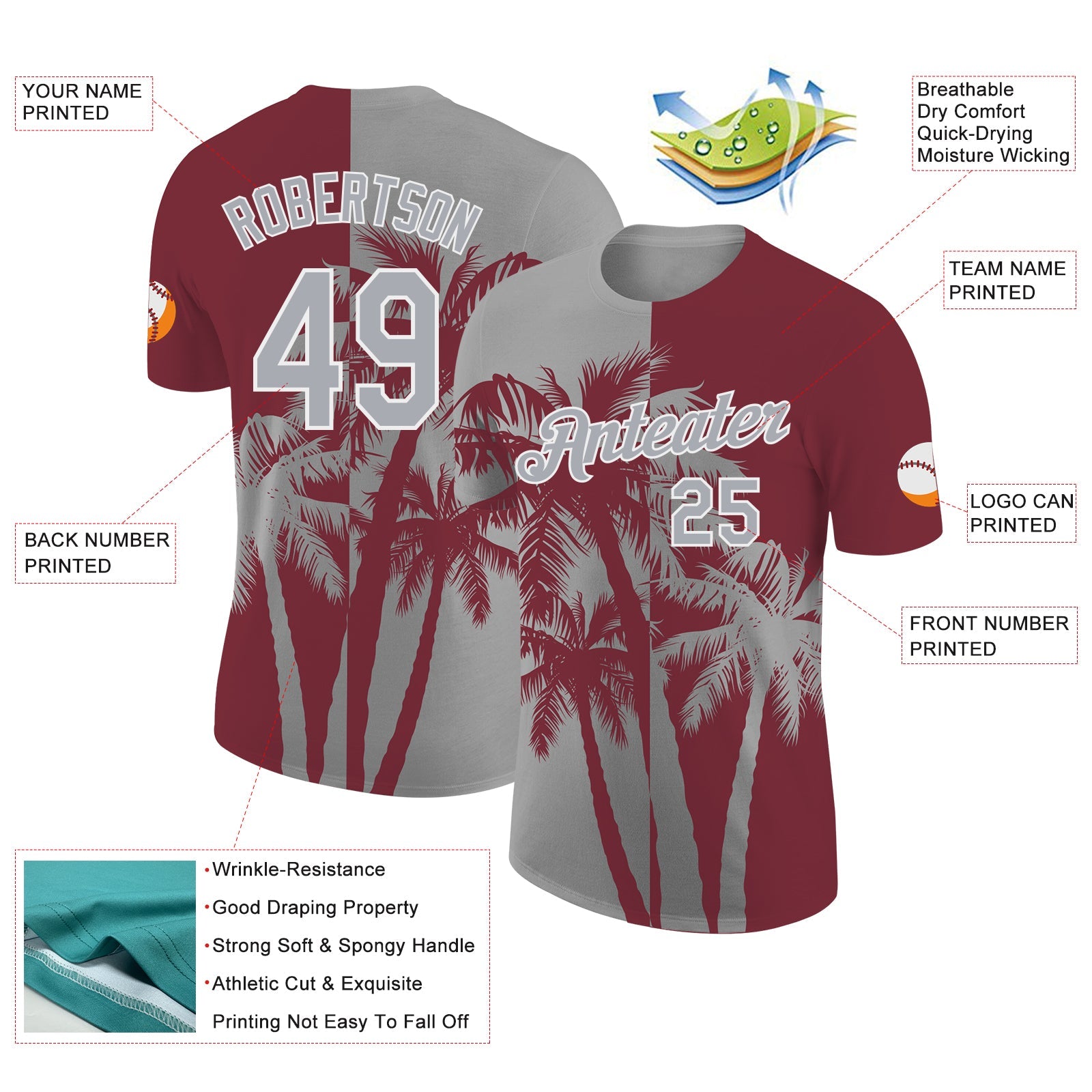 Custom Burgundy Gray-White Hawaii Tropical Coastal Palm Trees Performance T-Shirt