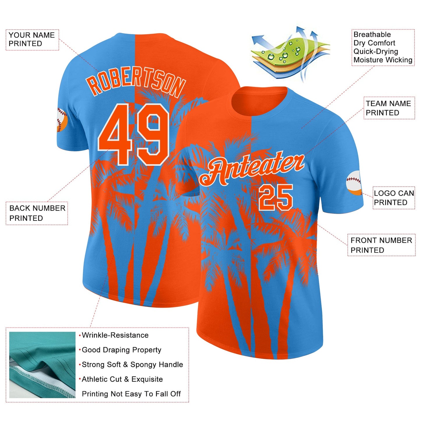 Custom Powder Blue Orange-White Hawaii Tropical Coastal Palm Trees Performance T-Shirt