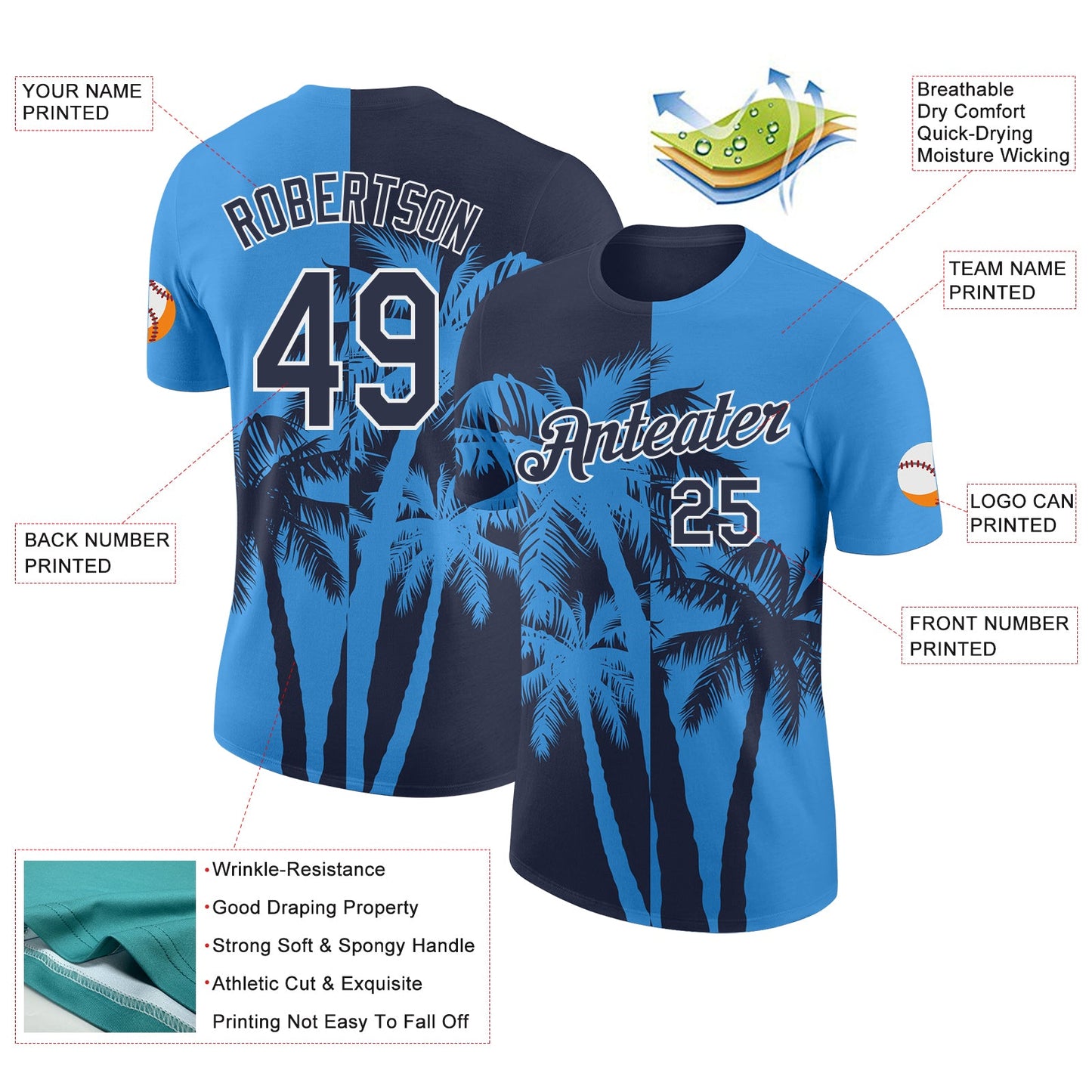 Custom Powder Blue Navy-White Hawaii Tropical Coastal Palm Trees Performance T-Shirt