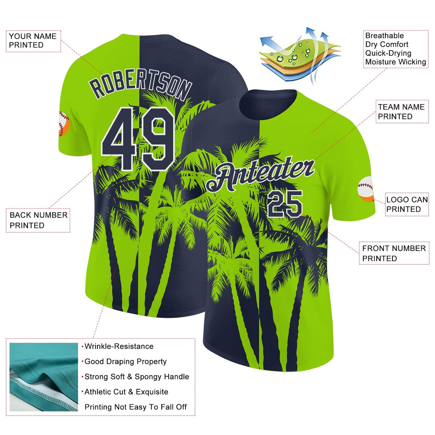 Custom Neon Green Navy-White Hawaii Tropical Coastal Palm Trees Performance T-Shirt