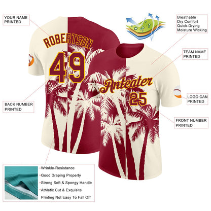 Custom Cream Crimson-Yellow Hawaii Tropical Coastal Palm Trees Performance T-Shirt