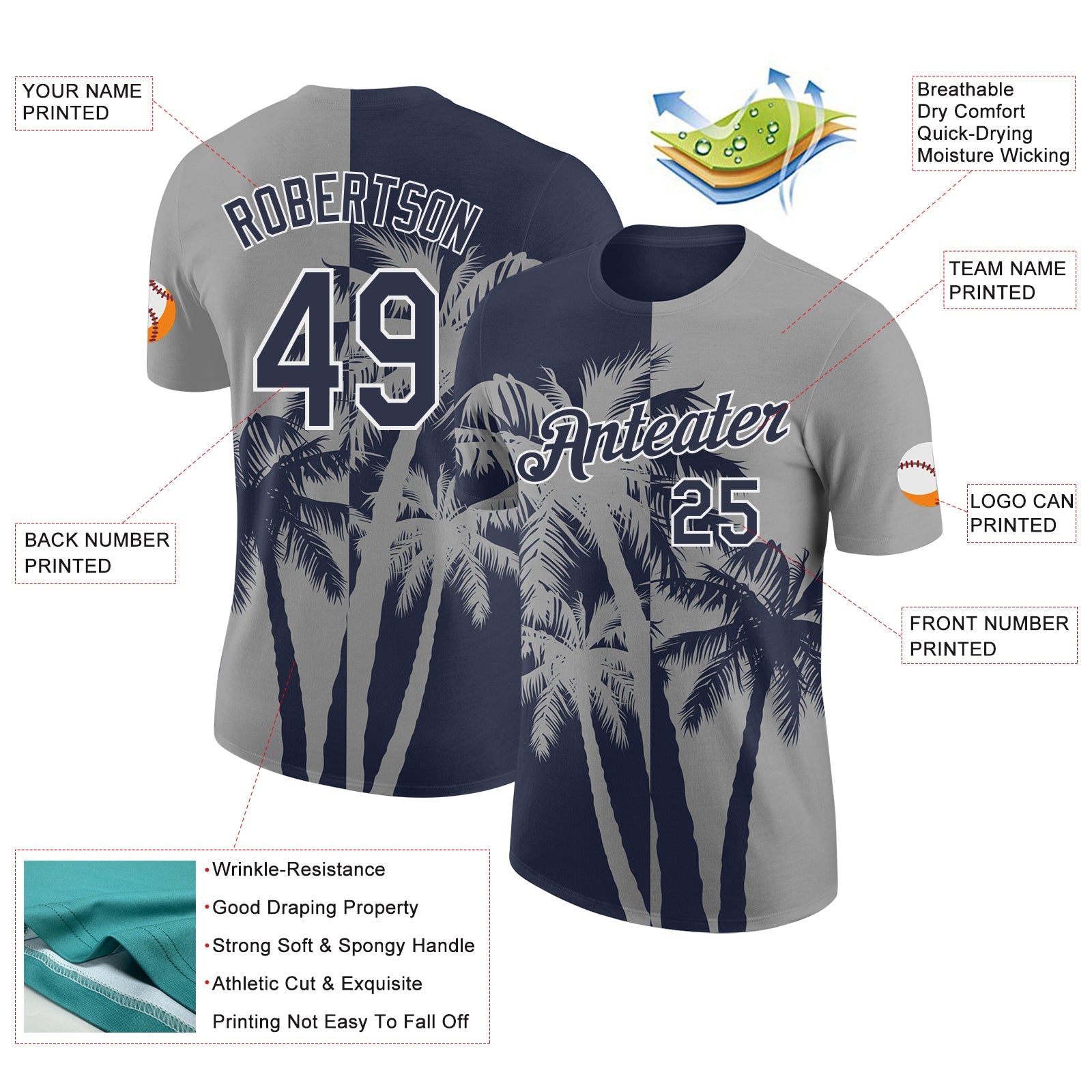 Custom Gray Navy-White Hawaii Tropical Coastal Palm Trees Performance T-Shirt