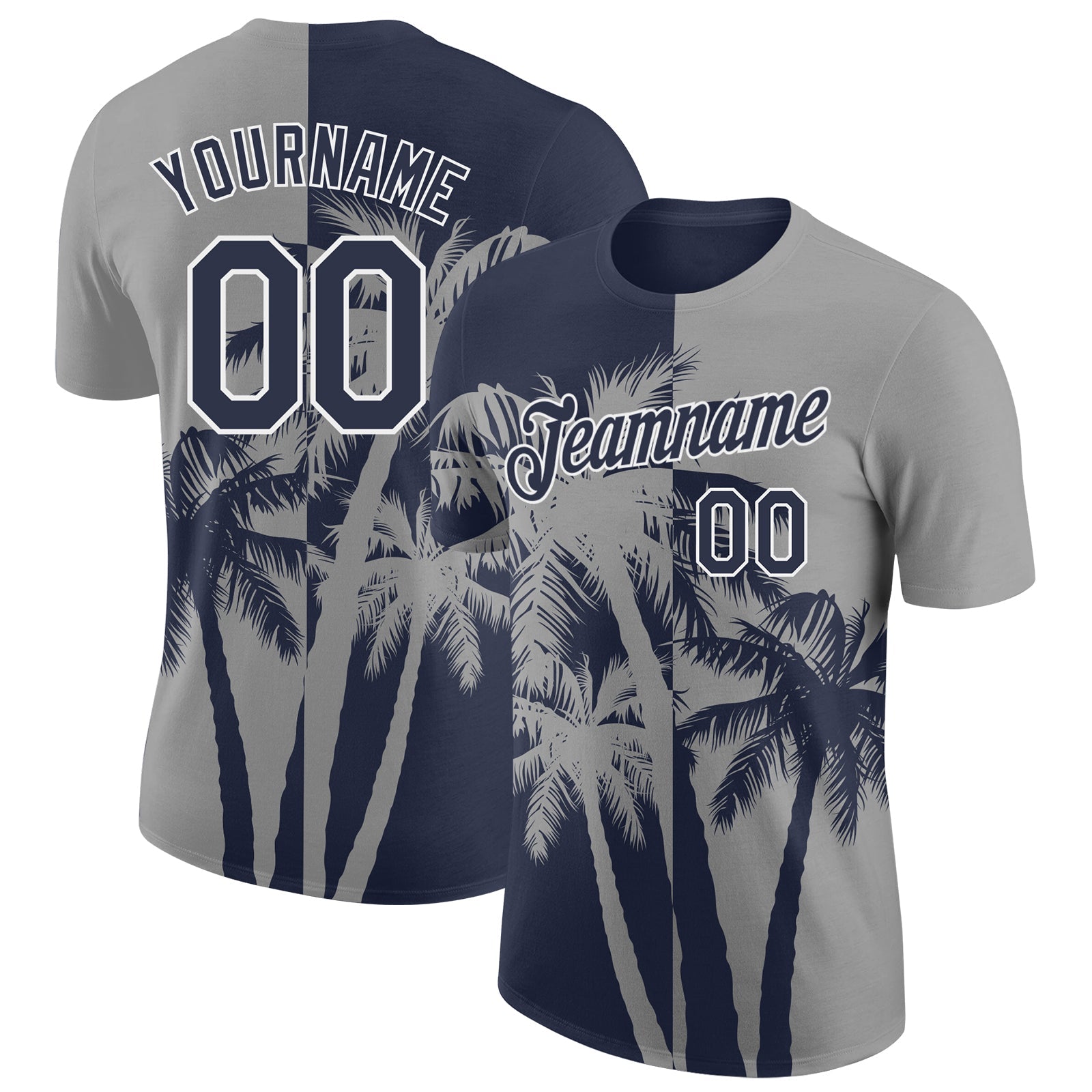 Custom Gray Navy-White Hawaii Tropical Coastal Palm Trees Performance T-Shirt