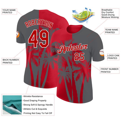 Custom Steel Gray Red-White Hawaii Tropical Coastal Palm Trees Performance T-Shirt