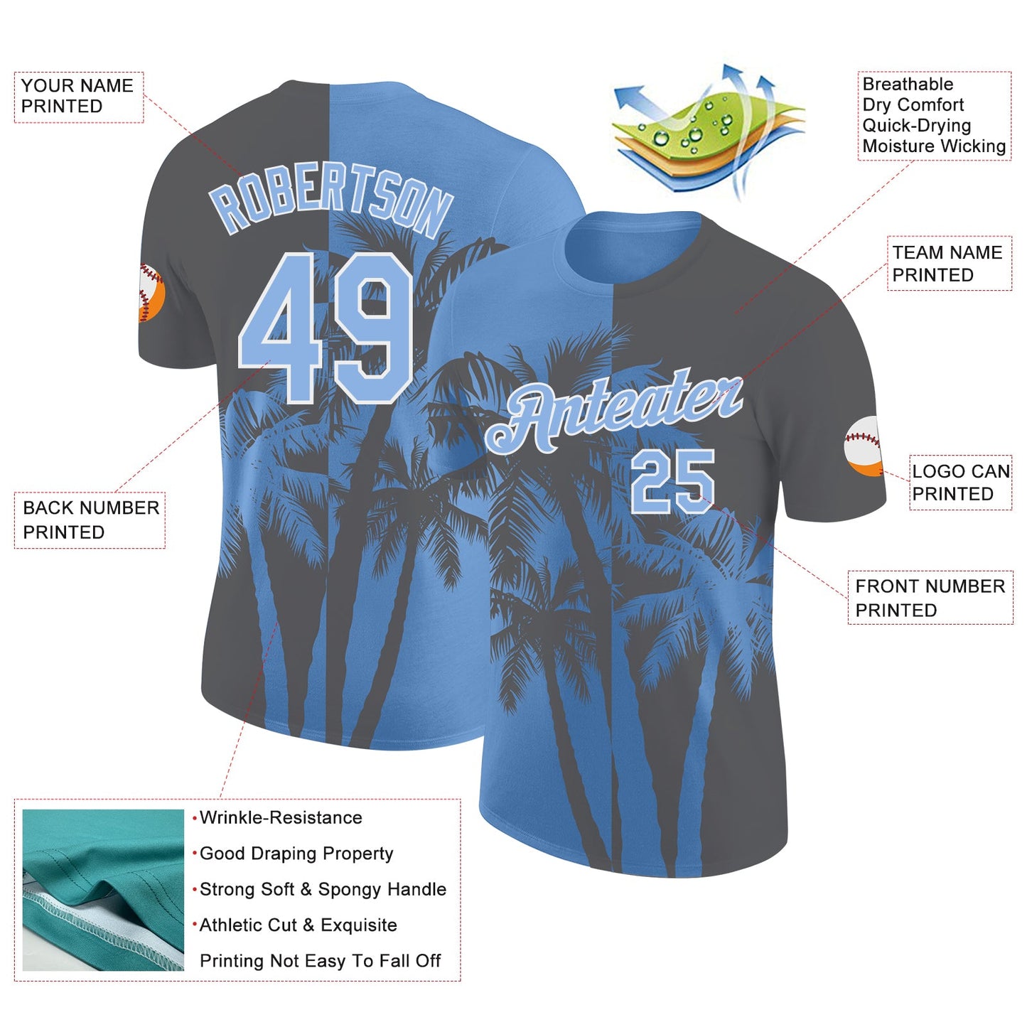 Custom Steel Gray Light Blue-White Hawaii Tropical Coastal Palm Trees Performance T-Shirt