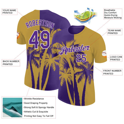 Custom Old Gold Purple-White Hawaii Tropical Coastal Palm Trees Performance T-Shirt
