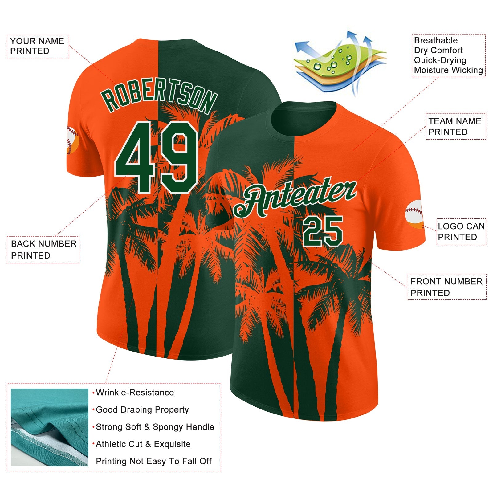 Custom Orange Green-White Hawaii Tropical Coastal Palm Trees Performance T-Shirt