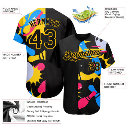 Custom Black Yellow 3D Pattern Design Bowling Authentic Baseball Jersey