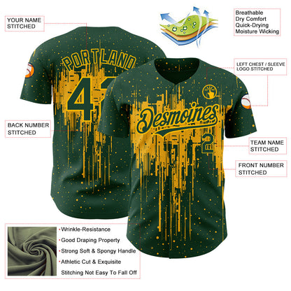 Custom Green Gold 3D Pattern Design Dripping Splatter Art Authentic Baseball Jersey