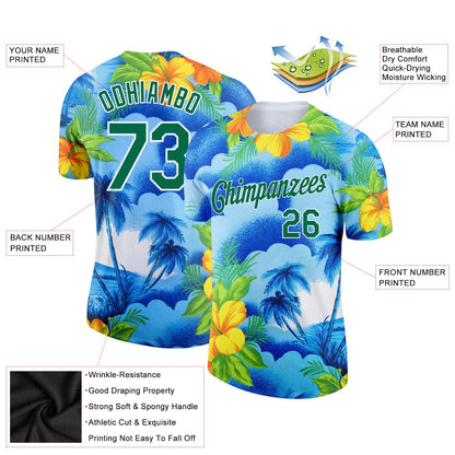 Custom White Kelly Green 3D Pattern Design Beach Hawaii Palm Trees And Flowers Performance T-Shirt
