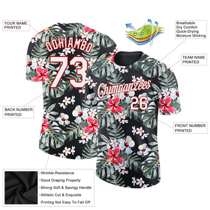 Custom Black White-Red 3D Pattern Design Tropical Hawaii Plant Performance T-Shirt