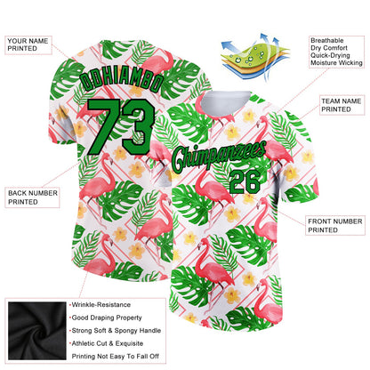 Custom White Grass Green-Black 3D Pattern Design Tropical Hawaii Flamingo Performance T-Shirt