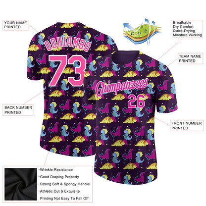 Custom Black Deep Pink-White 3D Pattern Design Dinosaur Performance T-Shirt