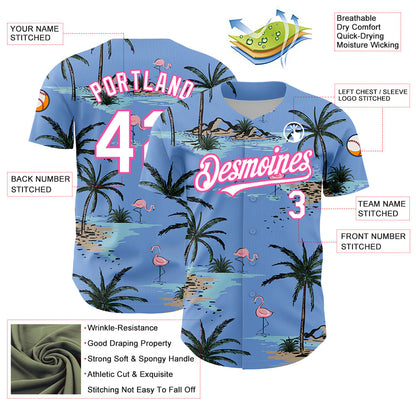 Custom Light Blue White-Pink 3D Pattern Design Tropical Hawaii Palm Trees Authentic Baseball Jersey