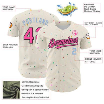 Custom Cream Pink Black-Light Blue 3D Pattern Design Confetti Authentic Baseball Jersey