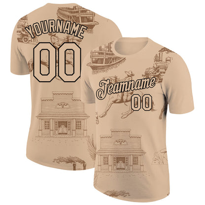 Custom City Cream Black 3D Pattern Design Cowboy Rodeo Performance T-Shirt