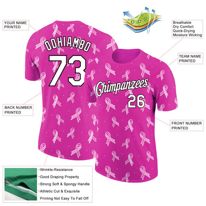 Custom Deep Pink White-Black 3D Pink Ribbon Breast Cancer Performance T-Shirt