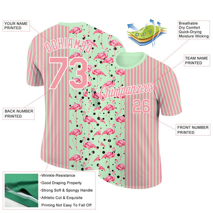 Custom Medium Pink Pea Green-White 3D Pattern Design Animal Flamingo Performance T-Shirt
