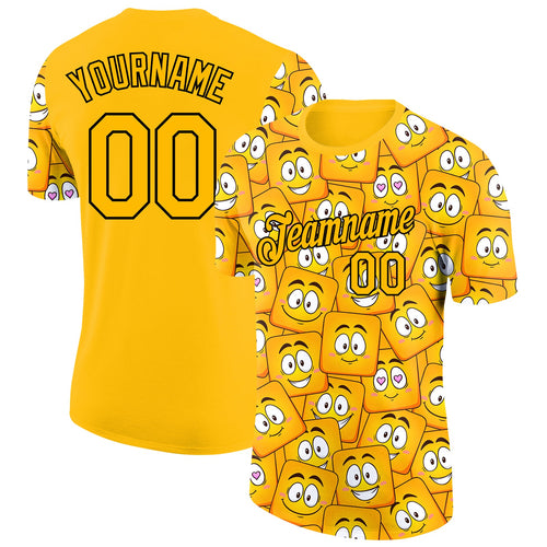Custom Gold Black-White 3D Pattern Design Smile Emoji Performance T-Shirt