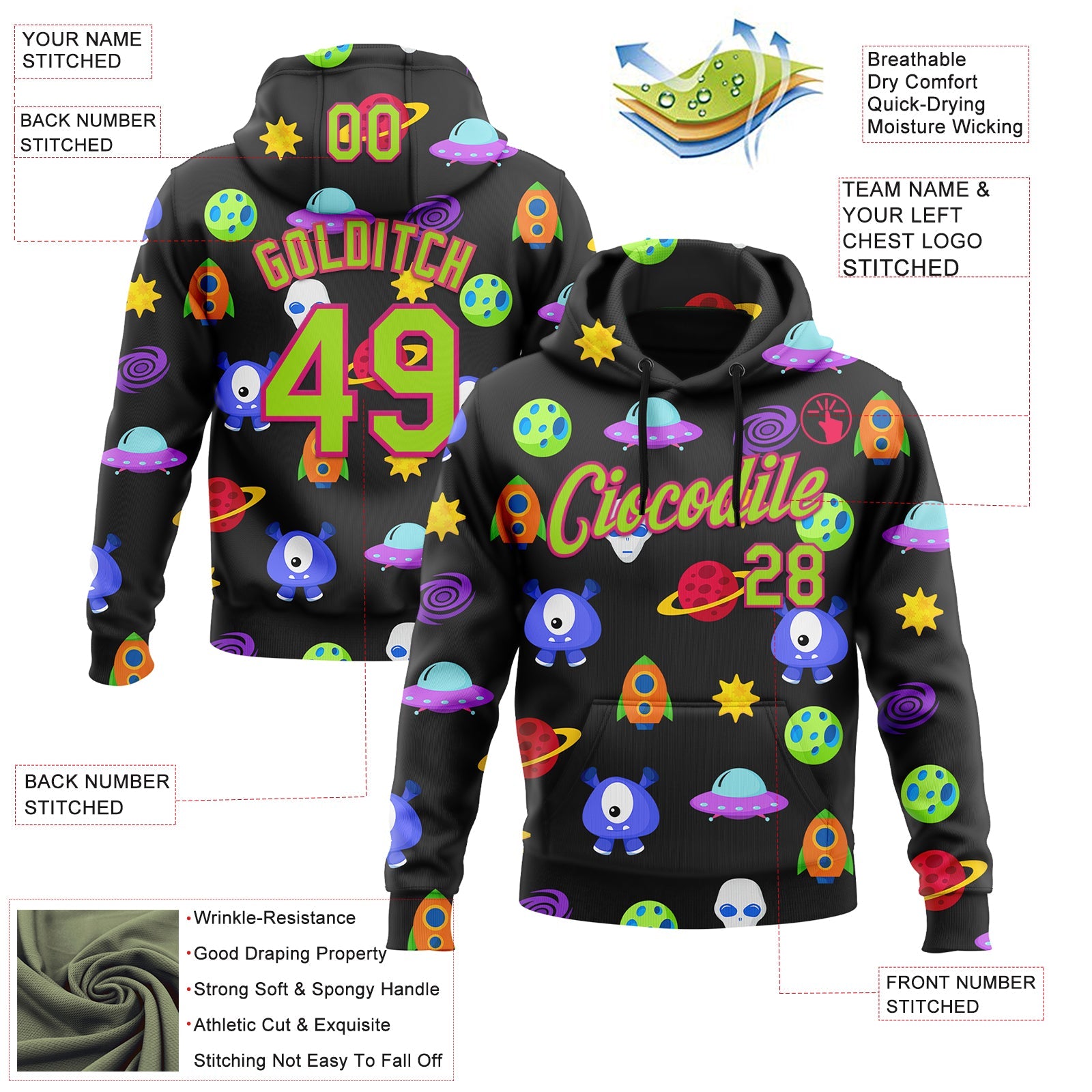 Custom Stitched Black Neon Green-Hot Pink 3D Halloween Sports Pullover Sweatshirt Hoodie