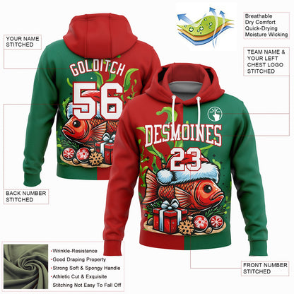 Custom Stitched Kelly Green White-Red 3D Christmas Carp Fish Fishing Sports Pullover Sweatshirt Hoodie
