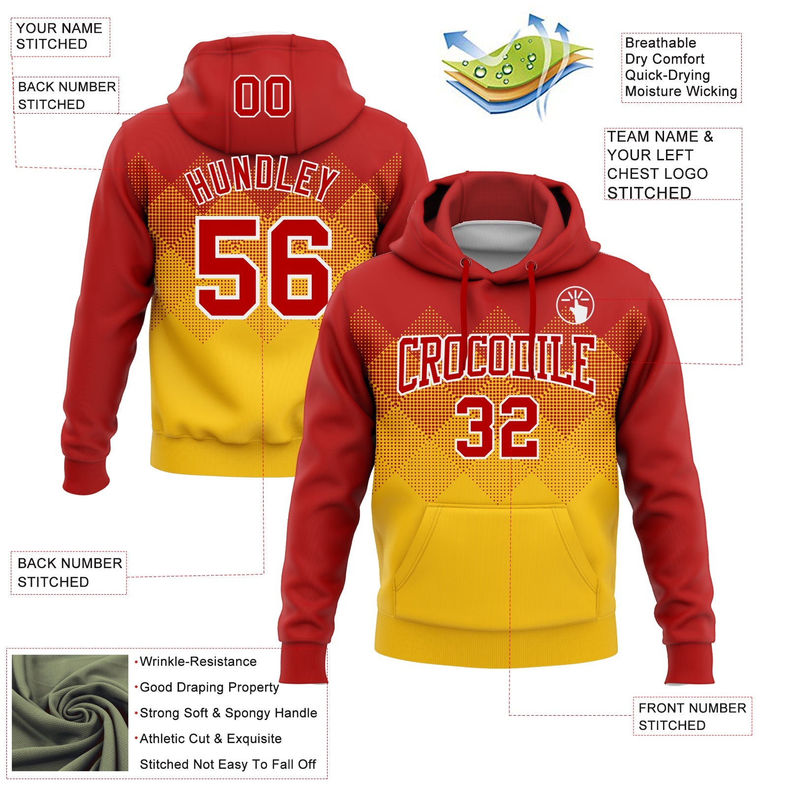 Custom Stitched Red Yellow-White 3D Pattern Design Gradient Square Shape Sports Pullover Sweatshirt Hoodie