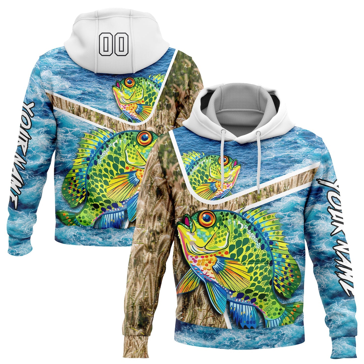 Custom Lakes Blue White Black 3D Sea Waves And Bluegill Fish Fishing Sports Pullover Sweatshirt Hoodie