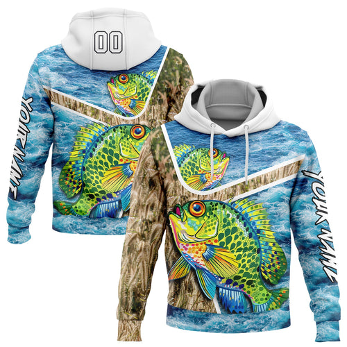 Custom Lakes Blue White Black 3D Sea Waves And Bluegill Fish Fishing Sports Pullover Sweatshirt Hoodie