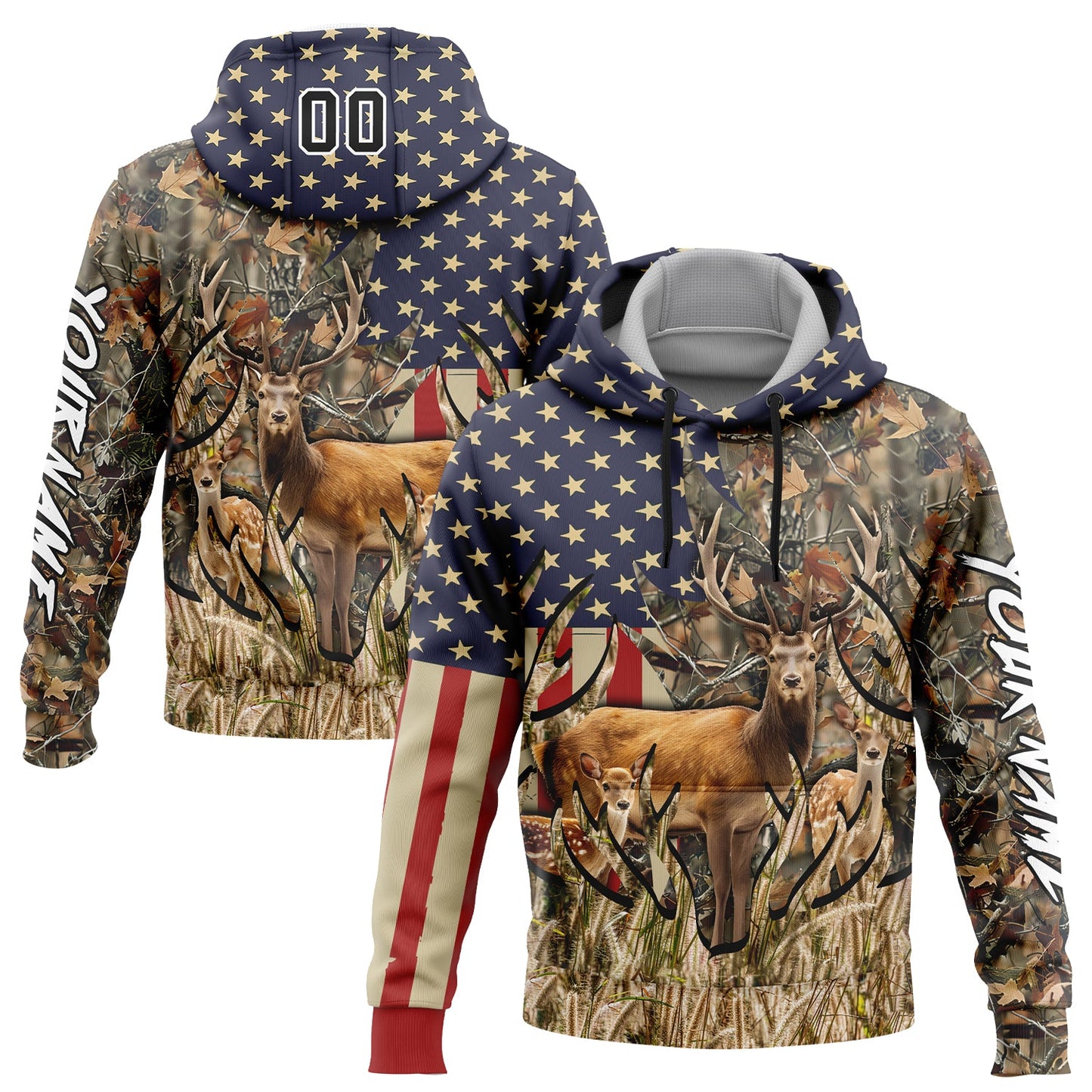 Custom Camo Black-White 3D American Flag And Deer Hunting Sports Pullover Sweatshirt Hoodie