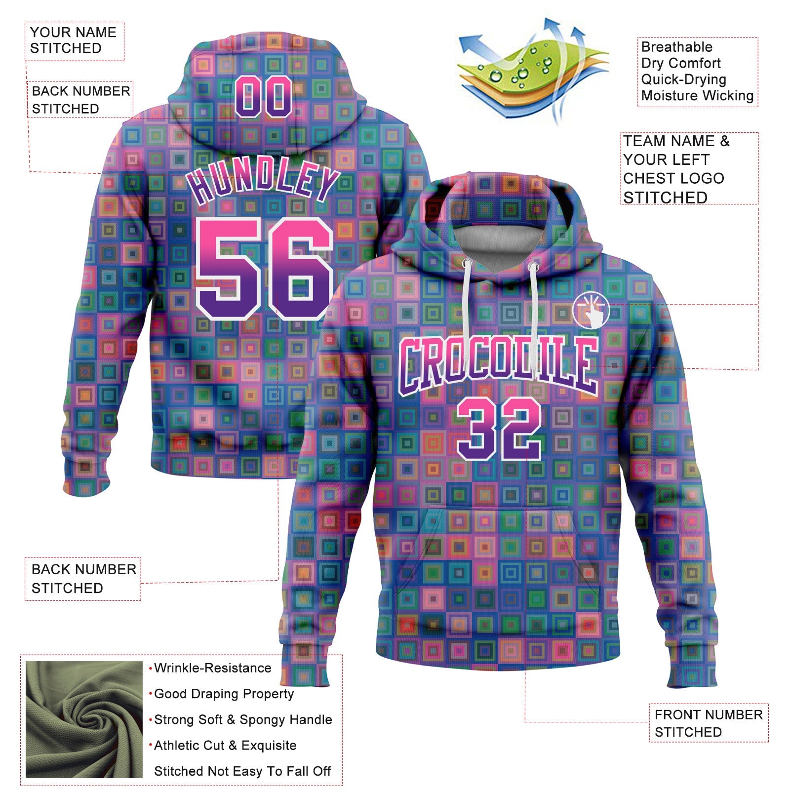 Custom Stitched Royal Pink-Purple 3D Pattern Design Geometric GradientSquare Shapes Sports Pullover Sweatshirt Hoodie