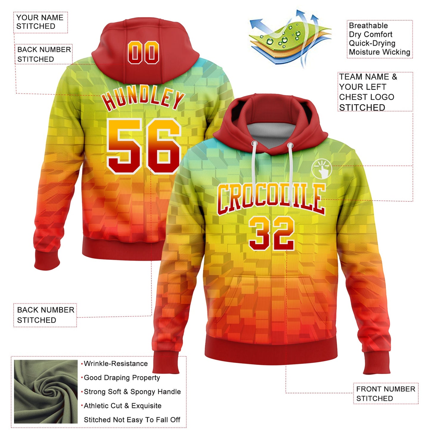 Custom Stitched Gold Red-White 3D Pattern Design Geometric Gradient Square Shapes Sports Pullover Sweatshirt Hoodie
