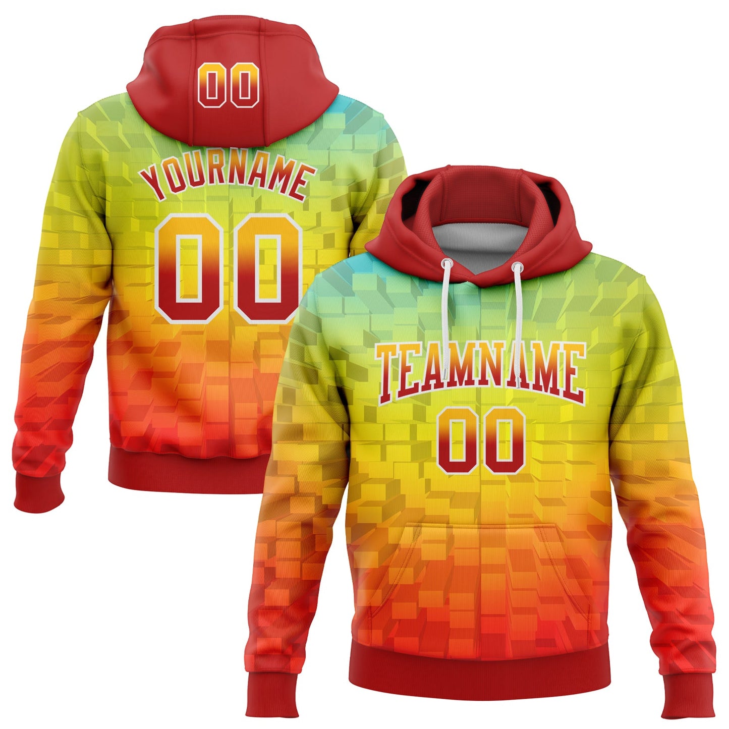 Custom Stitched Gold Red-White 3D Pattern Design Geometric Gradient Square Shapes Sports Pullover Sweatshirt Hoodie