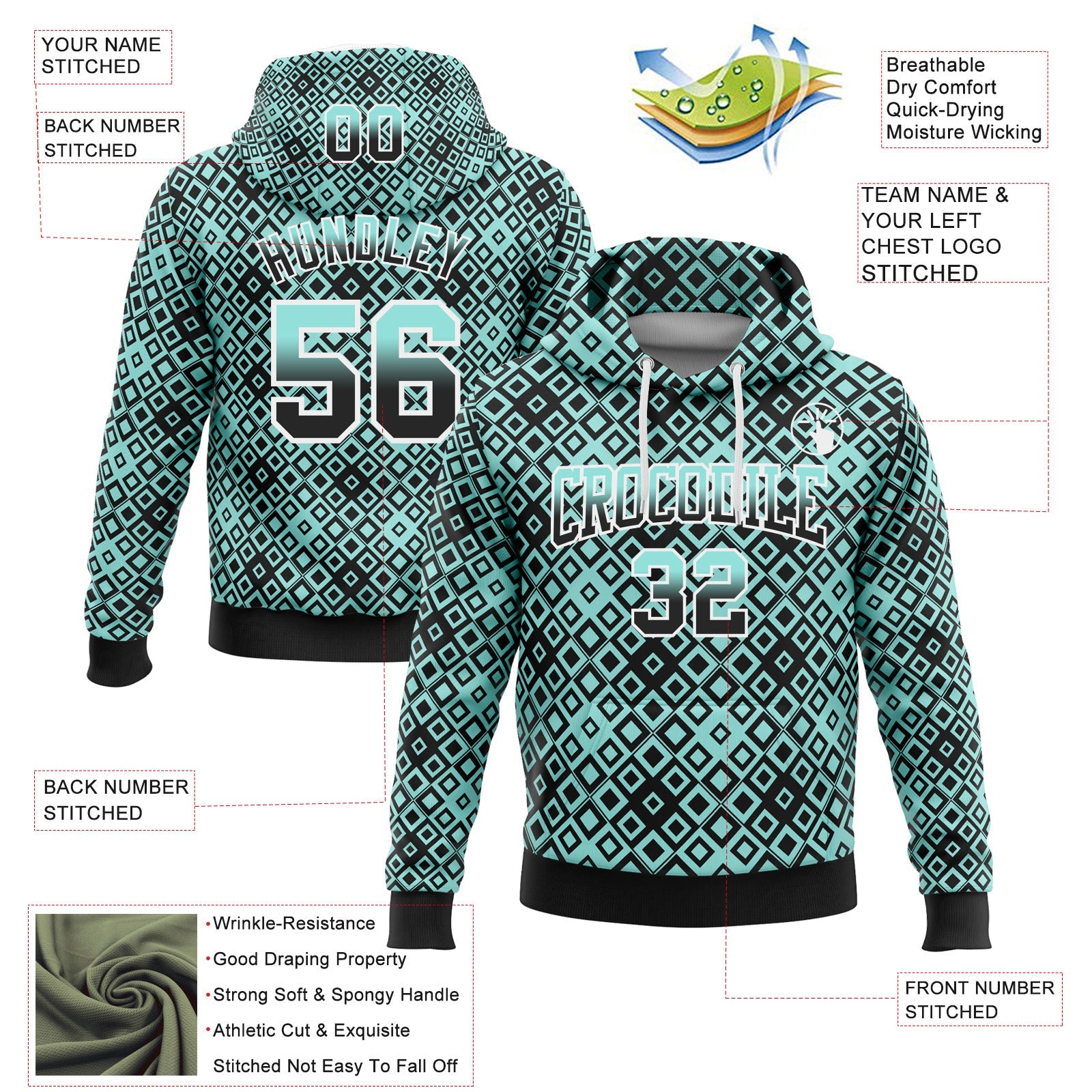 Custom Stitched Ice Blue Black-White 3D Pattern Design Geometric Gradient Square Shapes Sports Pullover Sweatshirt Hoodie