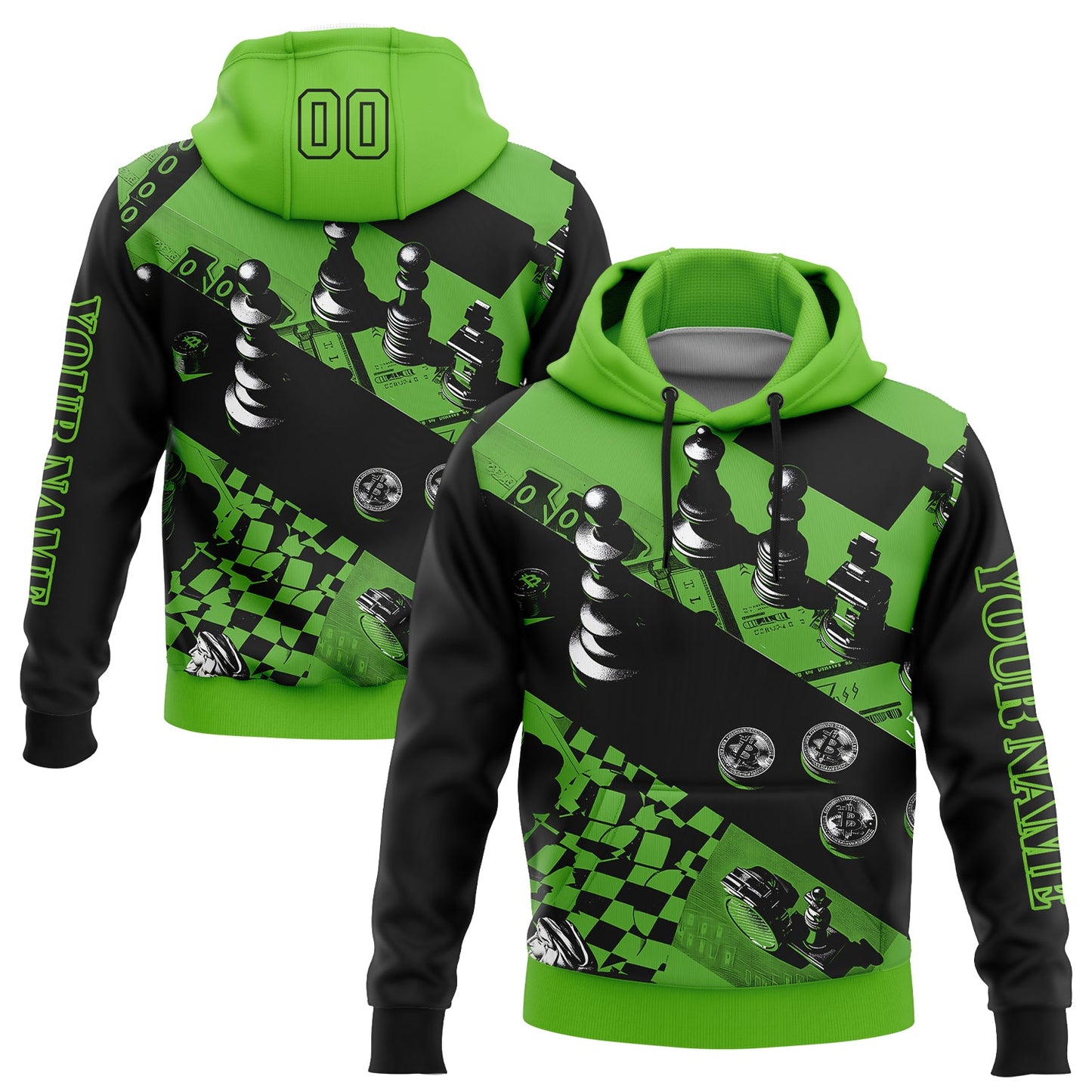 Custom Aurora Green Black 3D Chess International Chess Day Sports Pullover Sweatshirt Hoodie