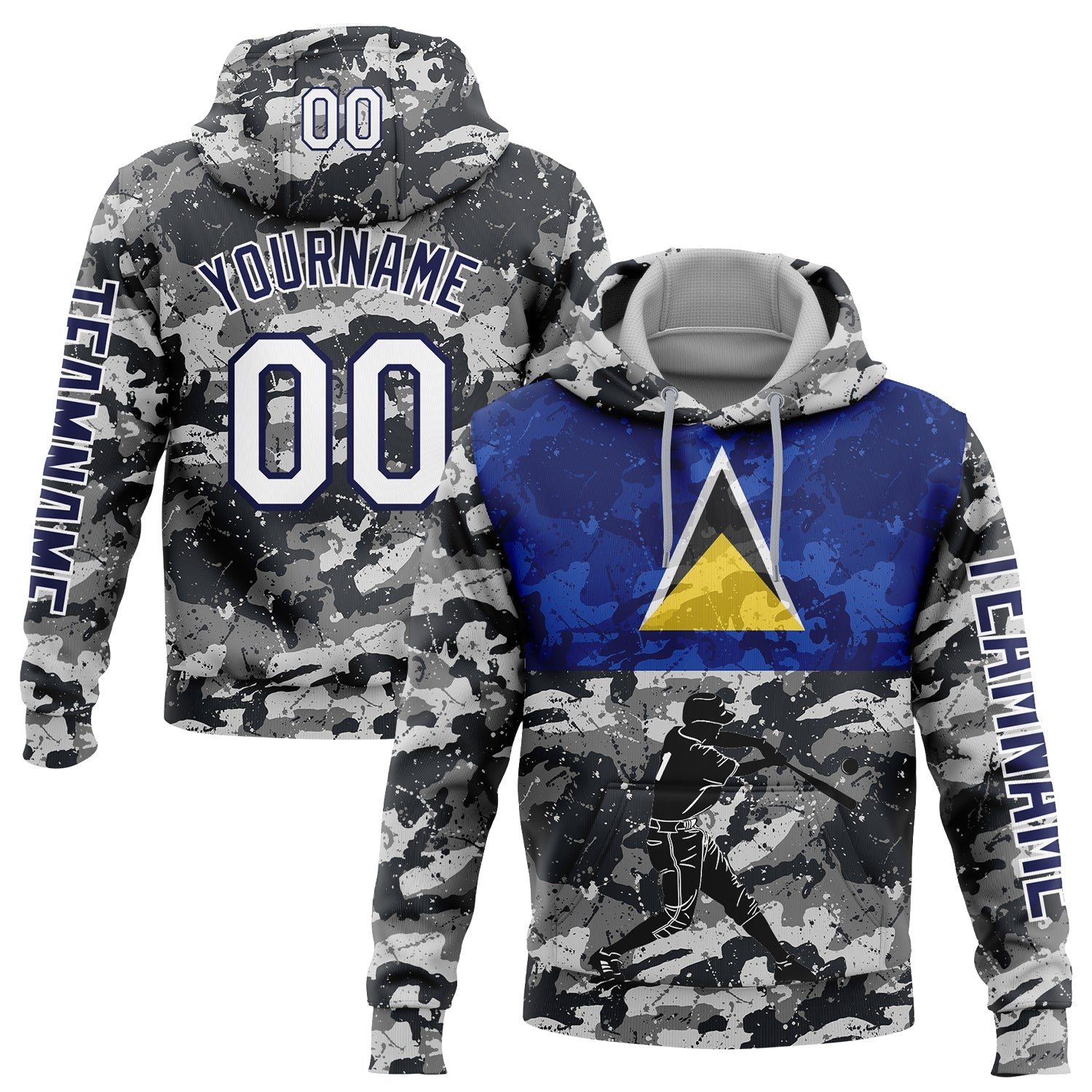 Custom Camo White-Navy 3D Saint Lucia Saint Lucian Flag Sports Pullover Sweatshirt Salute To Service Hoodie