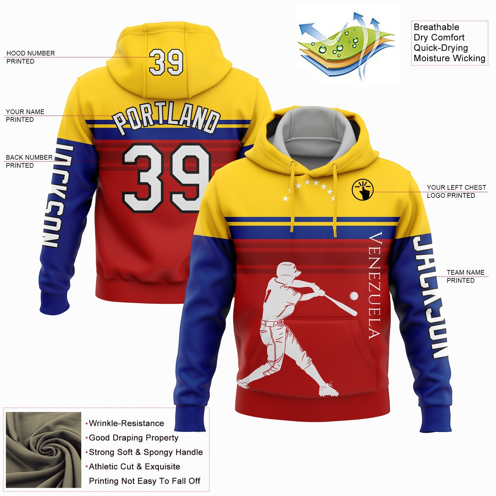 Custom Red Gold Royal-Black 3D Venezuela Venezuelan Flag Sports Pullover Sweatshirt Hoodie