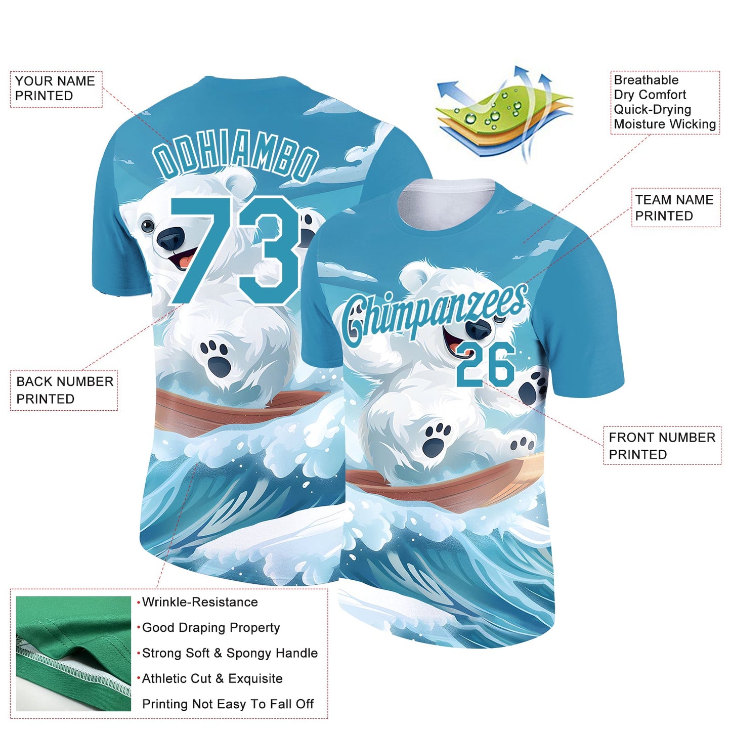Custom Panther Blue White 3D Pattern Design Extreme Sport Cartoon Animal Bear Skiing Performance T-Shirt
