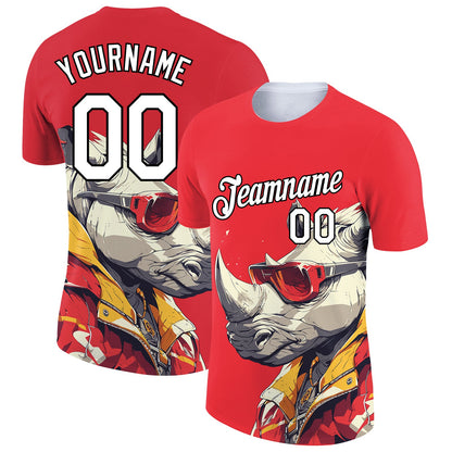 Custom Fire Red White-Black 3D Pattern Design Extreme Sport Cartoon Animal Rhinoceros Ski Instructor Performance T-Shirt