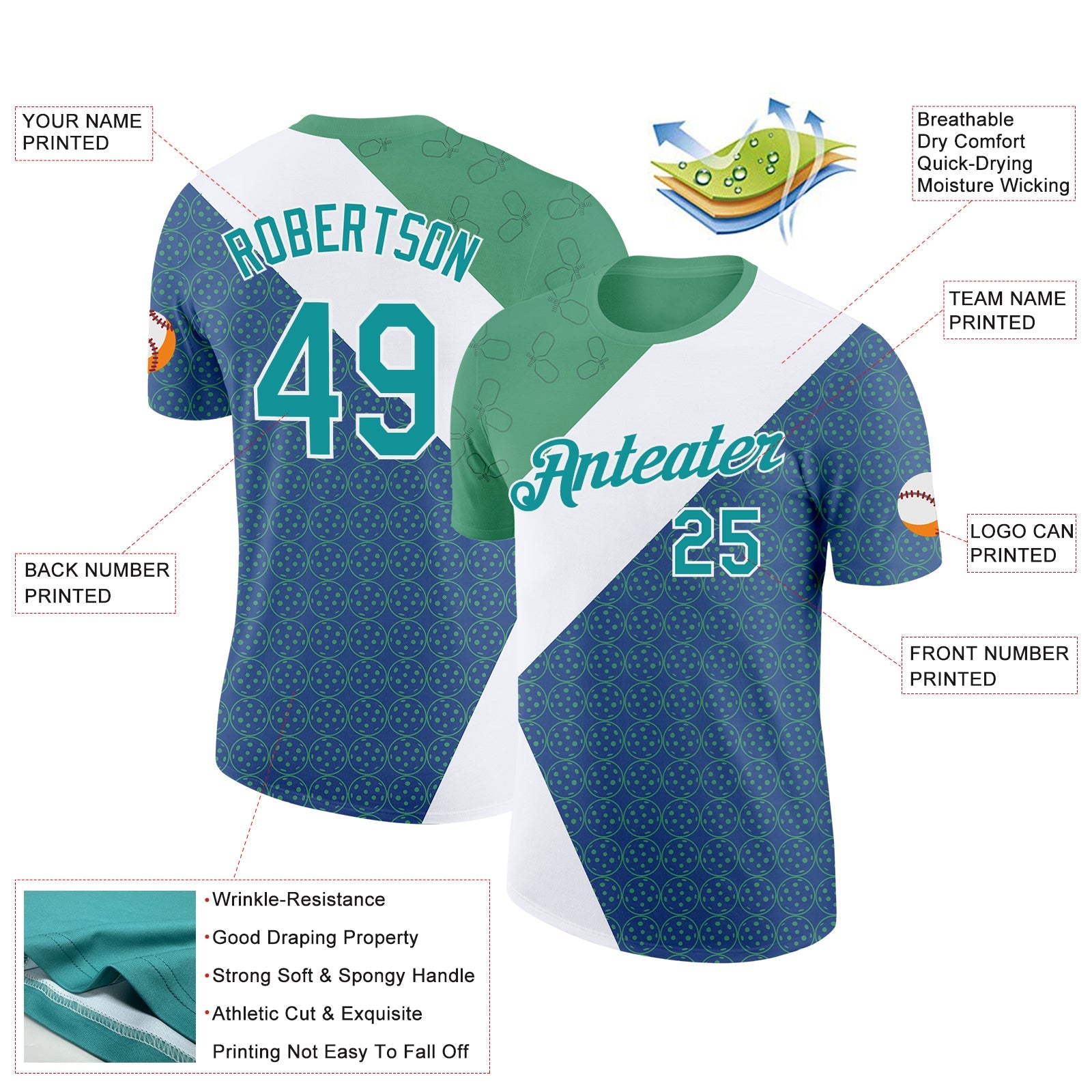 Custom Green Teal Blue-White 3D Pickleball Paddles Balls Performance T-Shirt