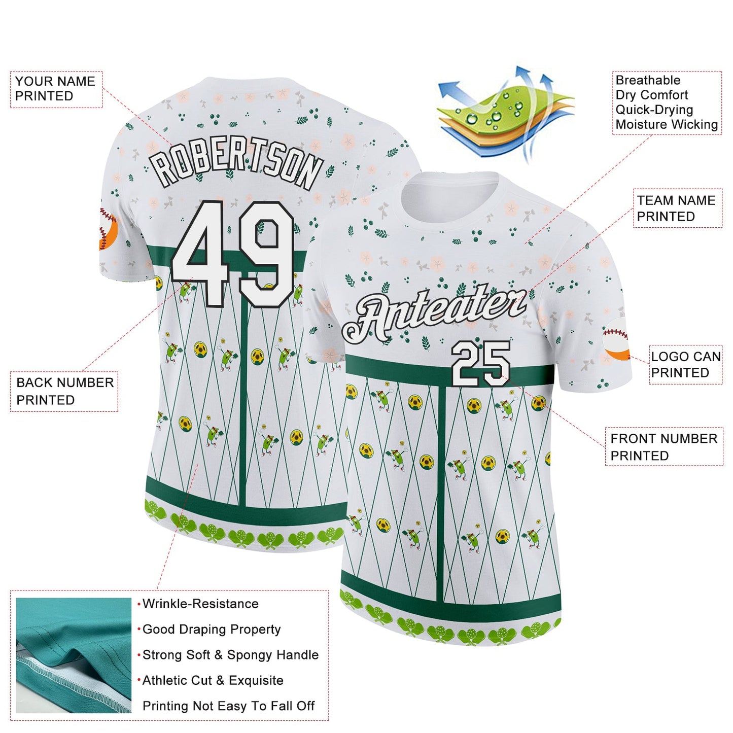 Custom Green White-Black 3D Pickleball Paddles Balls Floral Performance T-Shirt