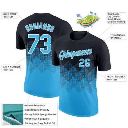 Custom Black Sky Blue-White 3D Pattern Design Gradient Square Shapes Performance T-Shirt