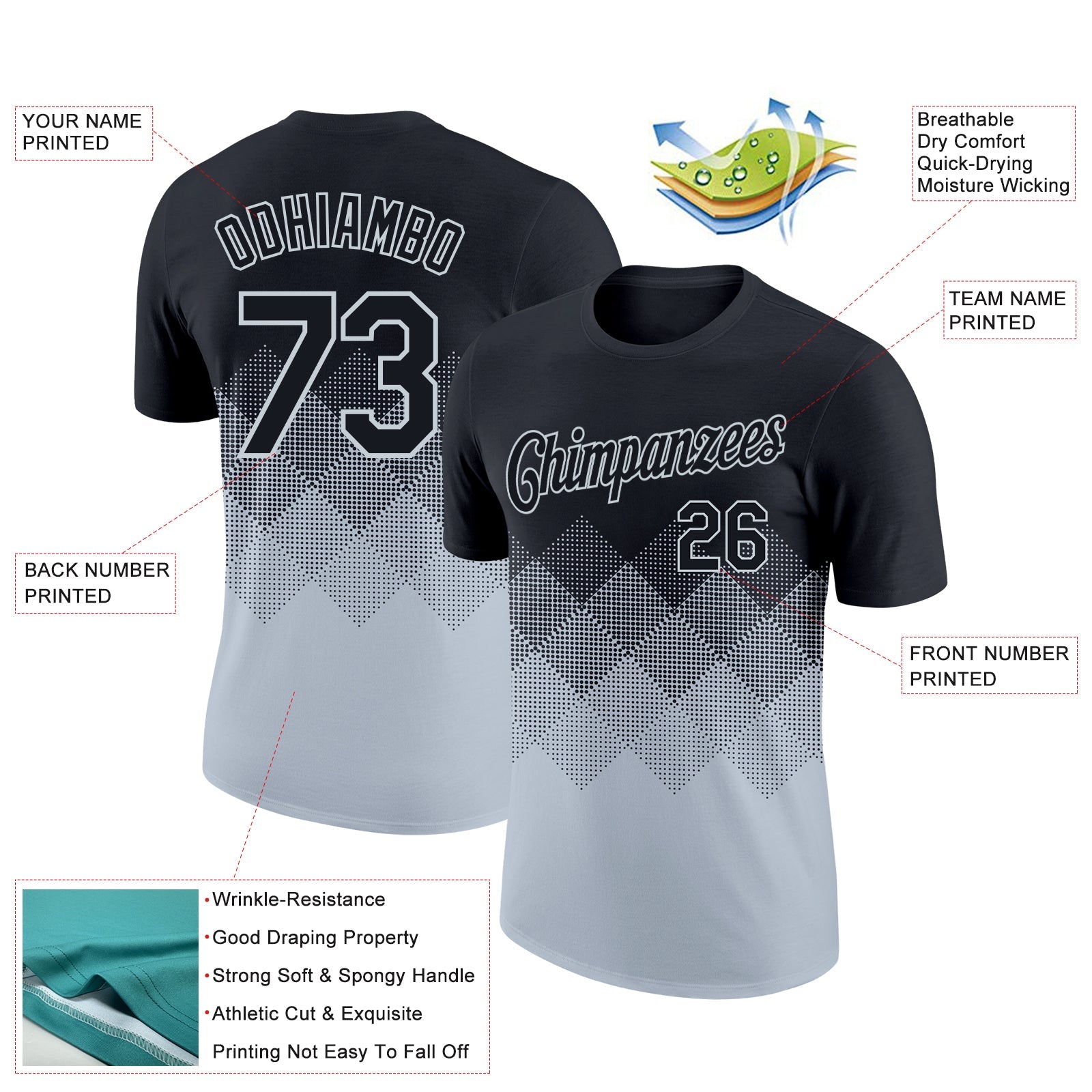 Custom Black Silver 3D Pattern Design Gradient Square Shapes Performance T-Shirt