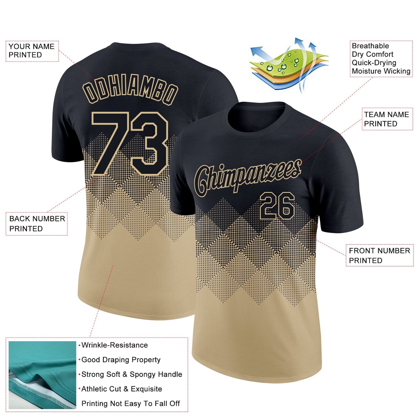 Custom Black Vegas Gold 3D Pattern Design Gradient Square Shapes Performance T-Shirt