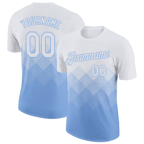 Custom White Light Blue 3D Pattern Design Gradient Square Shapes Performance T-Shirt