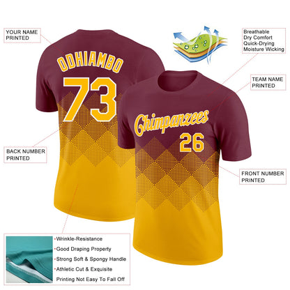 Custom Burgundy Gold-White 3D Pattern Design Gradient Square Shapes Performance T-Shirt