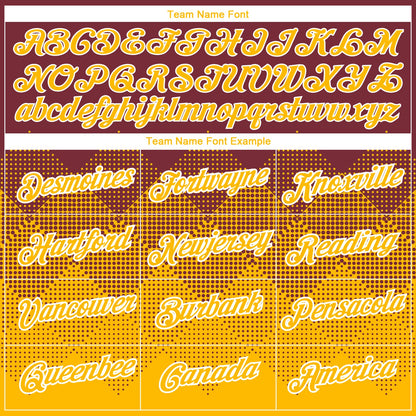 Custom Burgundy Gold-White 3D Pattern Design Gradient Square Shapes Performance T-Shirt
