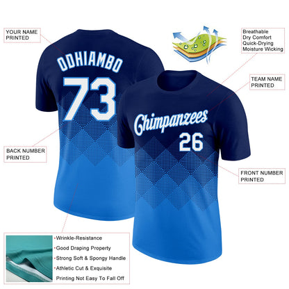 Custom Navy White-Powder Blue 3D Pattern Design Gradient Square Shapes Performance T-Shirt